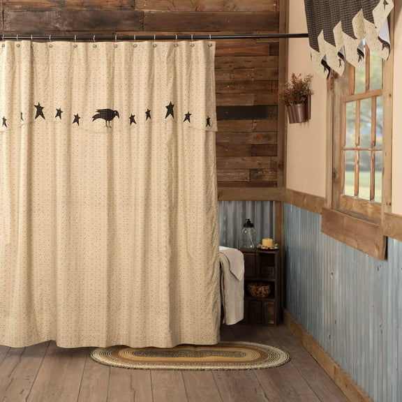 VHC Brands Kettle Grove, 72x72, Shower Curtain w/ Attached Applique Crow and Star Valance, Black