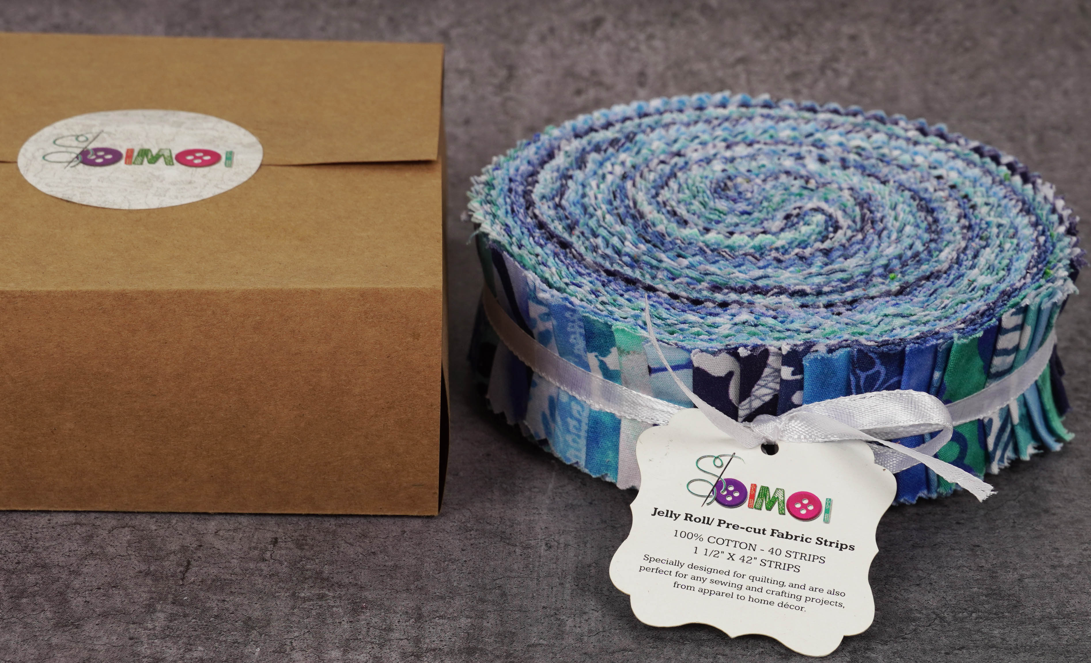 Soimoi 40Pcs Batik Print Precut Fabrics Strips Roll Up 1.5x42inches Cotton Jelly Rolls For Quilting - Sea Green & Blues