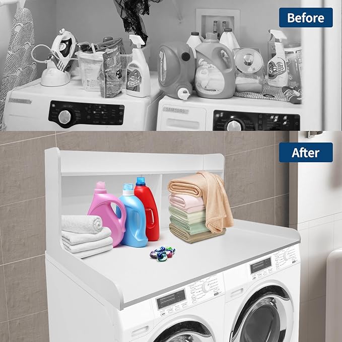 2 Tier Washer Dryer Countertop with Shelf, 54x27.5 Inch Waterproof Wood Laundry Room Topper, Large Washer and Dryer Topper with Storage for Laundry Organization, White