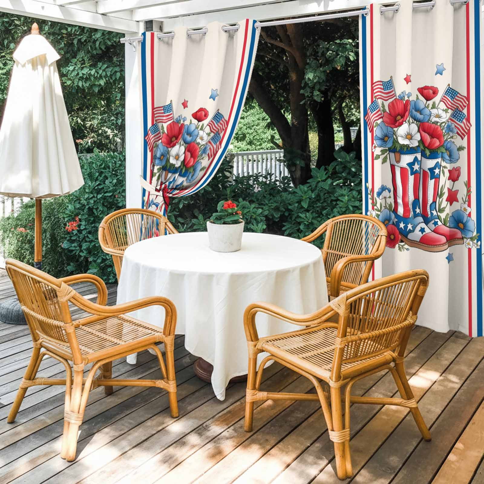 Independence Day Outdoor Curtains for Patio, U.S. Flag Themed Cartoon Boots Flowers Stripes Sunshade Privacy Drapes Grommet Waterproof Outside Curtains for Porch/Cabana/Balcony 54"x 108", 1 Panel