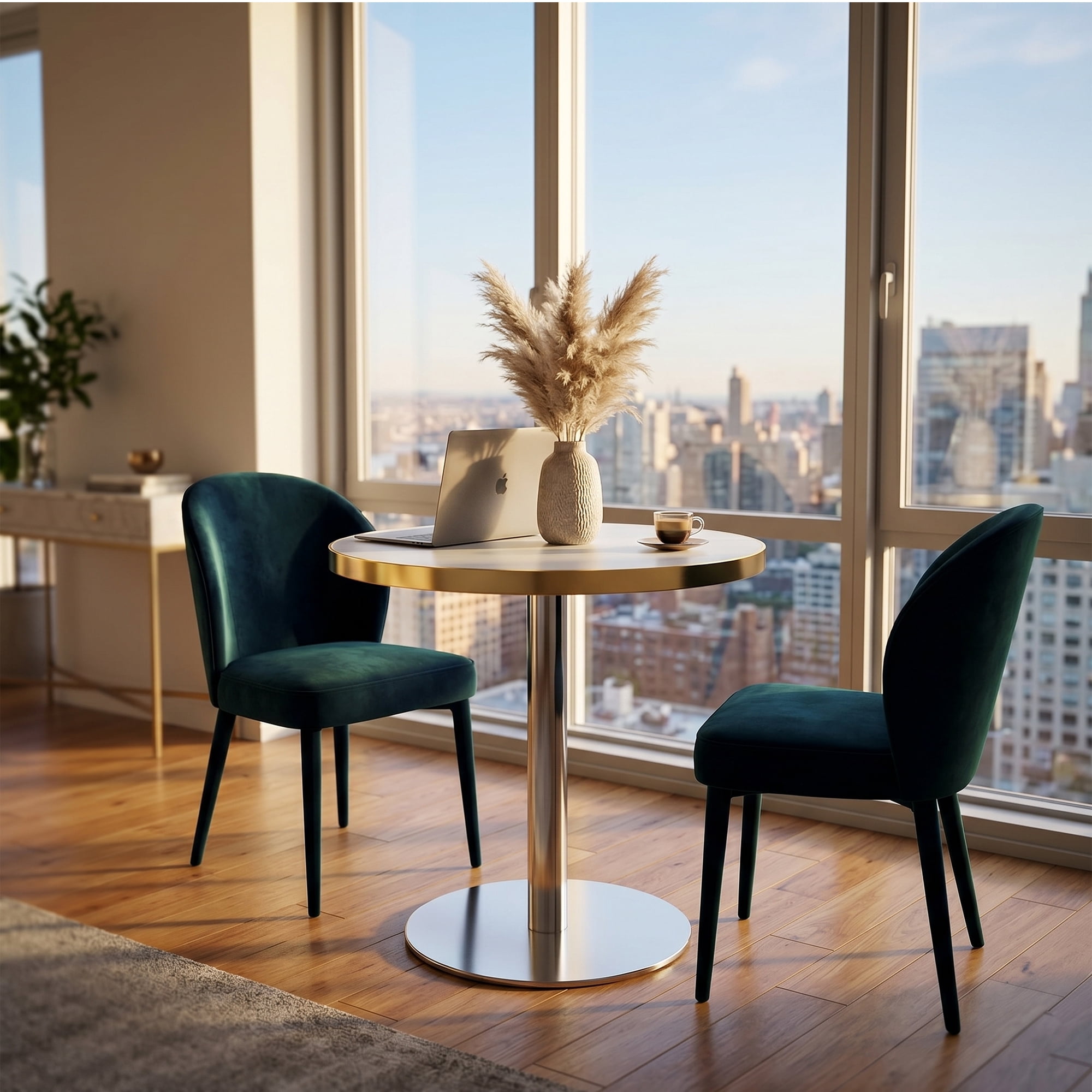 Minimalist Round Bistro Table, 23.6" Faux White Marble Cafe Table with Silver Stainless Steel Base & Edge Banding, High-Gloss Corner Accent Dining Table for Small Spaces Office Salon