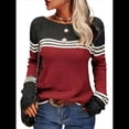 thumbnail image 1 of Suéteres de Otoño para Mujer, con Rayas y Bloques de Color, Cuello Redondo, Suéteres de Moda para Invierno. Vino Tinto L, 1 of 5