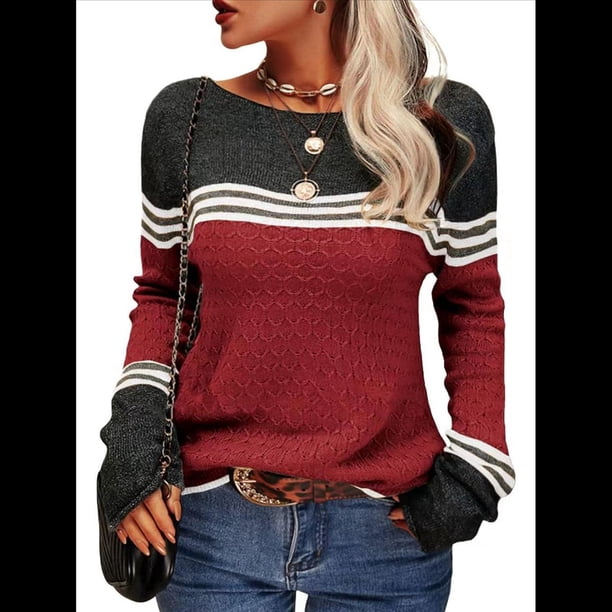 Suéteres de Otoño para Mujer, con Rayas y Bloques de Color, Cuello Redondo, Suéteres de Moda para Invierno. Vino Tinto XL