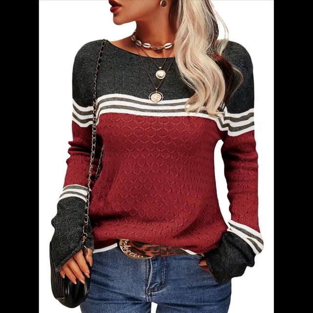 Suéteres de Otoño para Mujer, con Rayas y Bloques de Color, Cuello Redondo, Suéteres de Moda para Invierno. Vino Tinto L