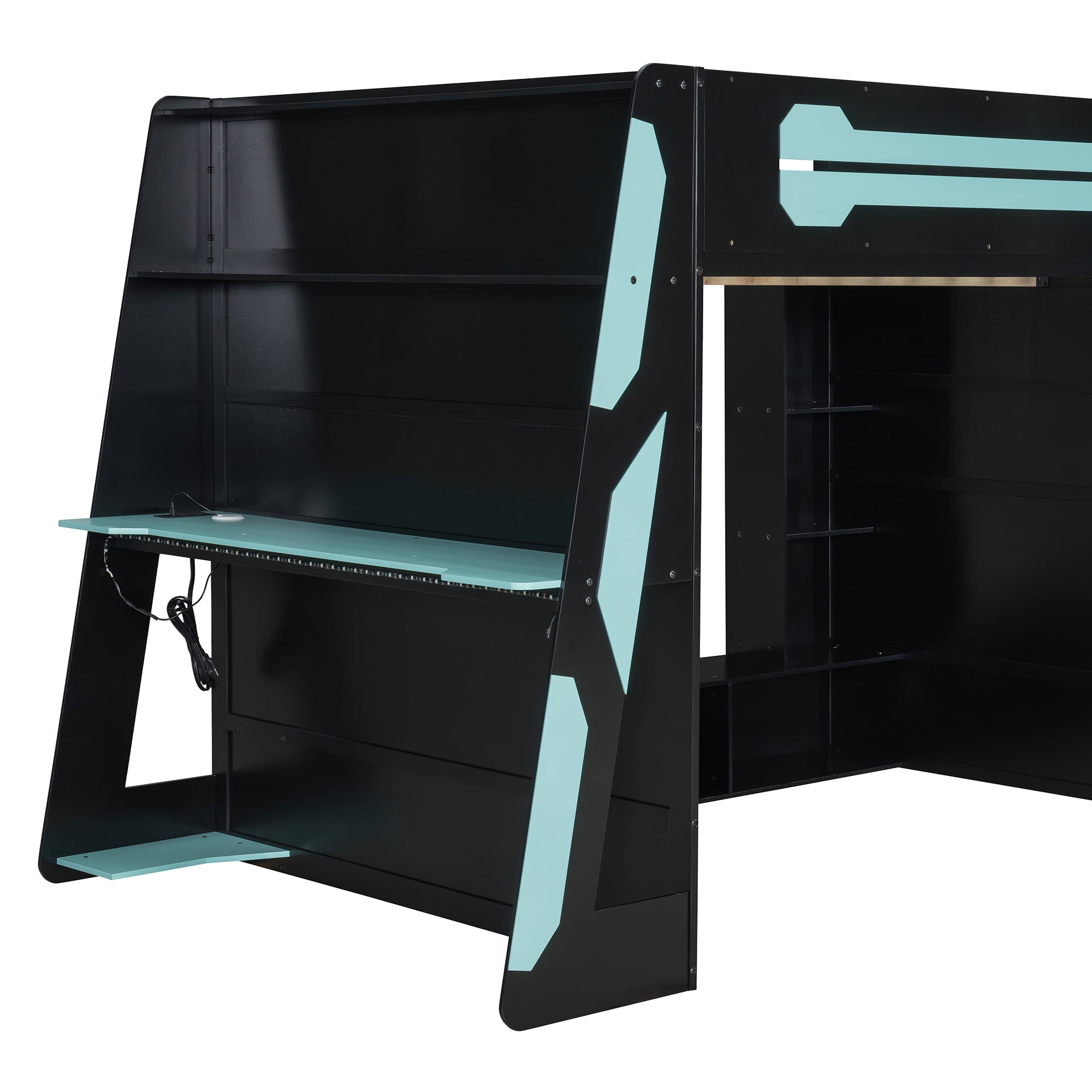 Mintazer Esports Full Size Loft Bed Frame with Gaming Desk & RGB Lights, Gaming Loft Bed with Open Storage Shelves & Charge Station for Teen Boys Bedroom, Blue