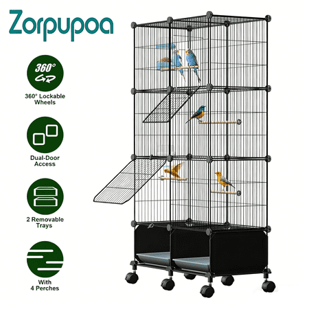 Zorpupoa 46in Spacious Indoor Bird Cage Pet Bird House with Lockable Wheels 2 Slide-Out Trays 4 Wooden Perches Feeder Set for Home Bird Care