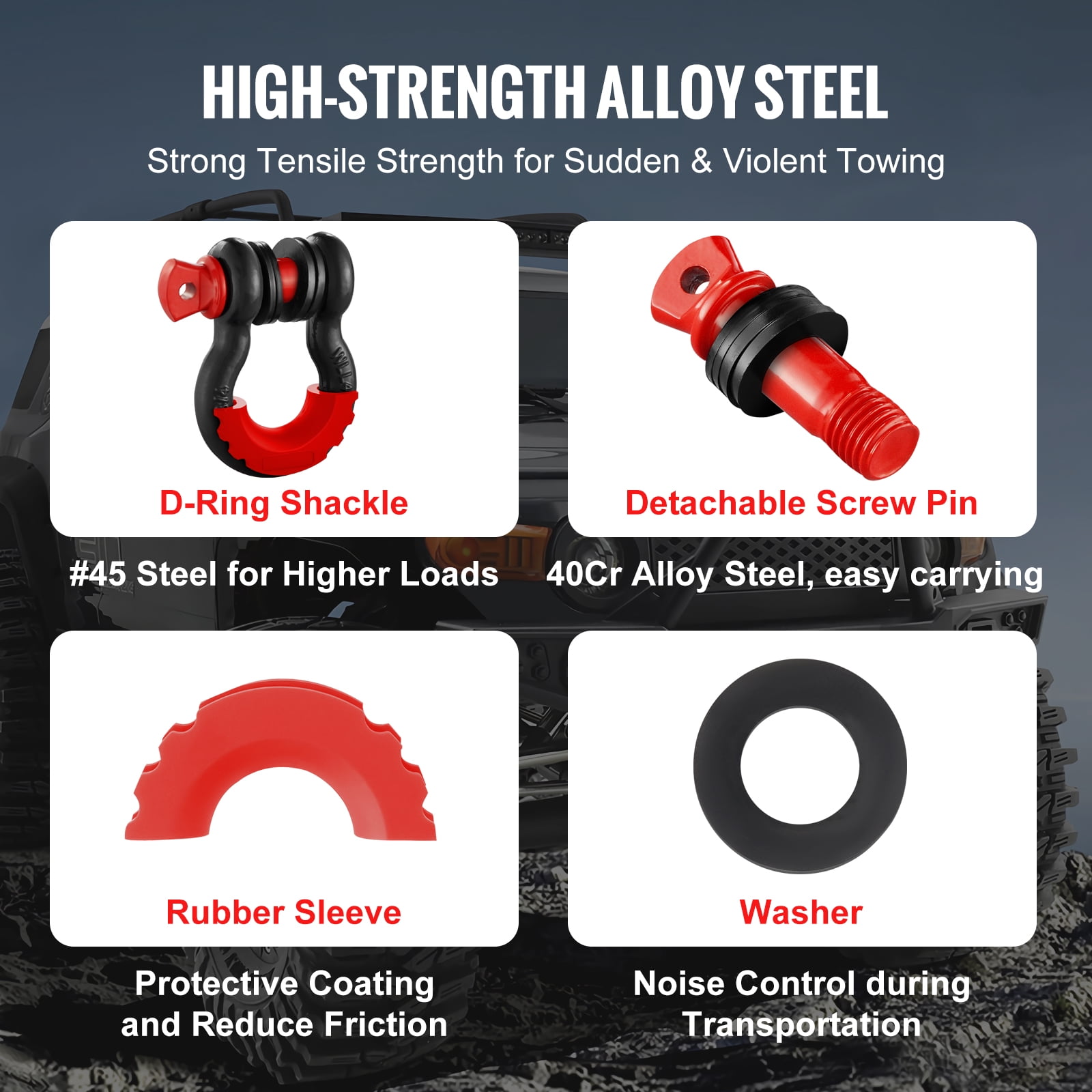 VEVOR 3/4" D-Ring Shackle,2 Pack Alloy Steel Shackles 62832 lbs (28.5 Ton) Break Strength with 7/8" Screw Pin, Isolators & Washers,Heavy Duty Off Road Vehicle Recovery Shackle for Jeep Truck,Black