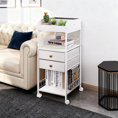 CEYAZYE 3 Tier Rolling Cart with Drawer Metal Shelves Rolling Utility Cart Organizer Wooden Tabletop and USB Port for Kitchen Bathroom Living Room(White)