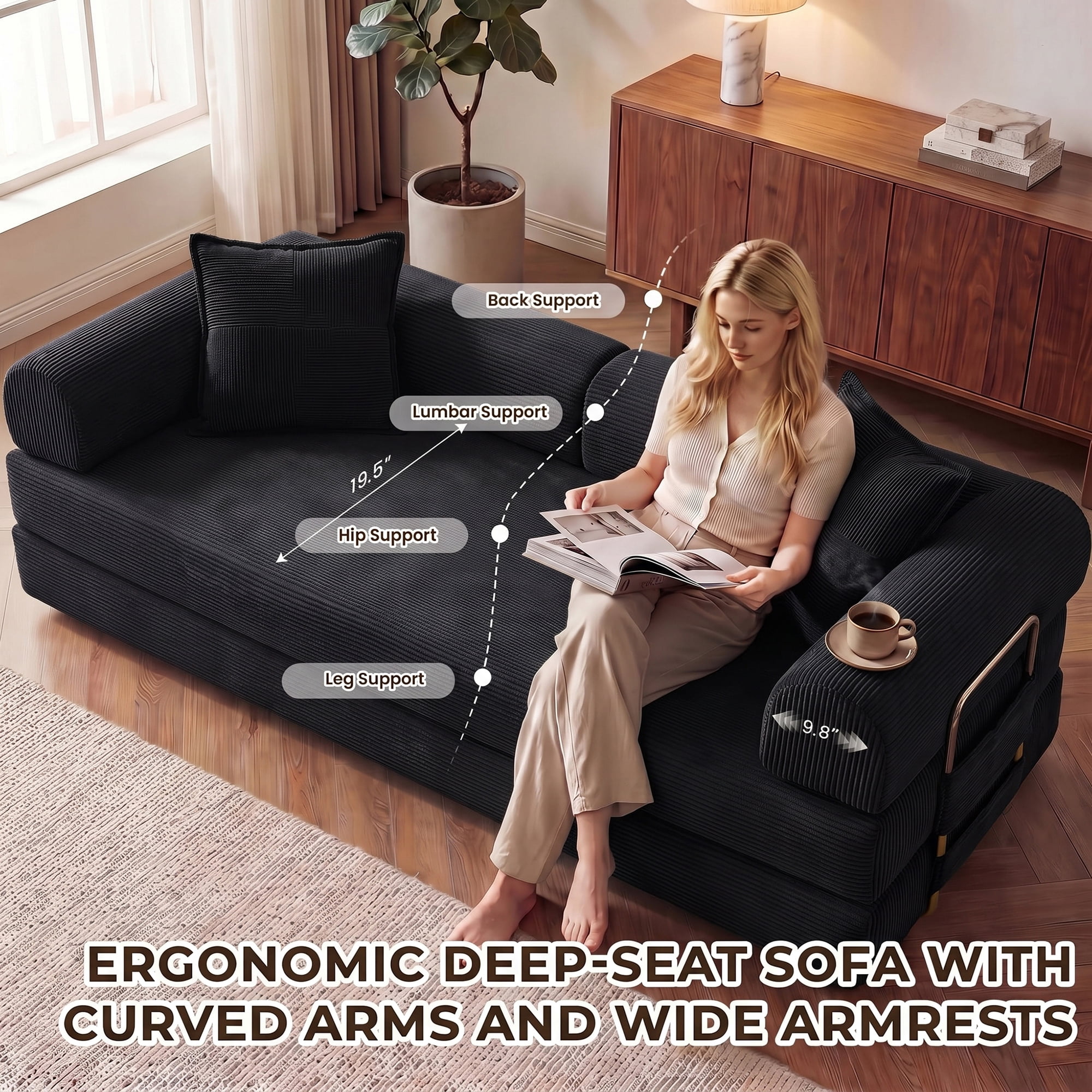 Aukfa 79" Convertible Futon Sofa Bed with Fixed Frame, 5-in-1 Boneless Couch for Living Room, Corduroy, Black