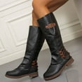 thumbnail image 3 of Flat Heel Knee High Boots Women Retro Fold Over Leather Round Toe Tall Riding Booties Zipper Winter Fall Boots, 3 of 7