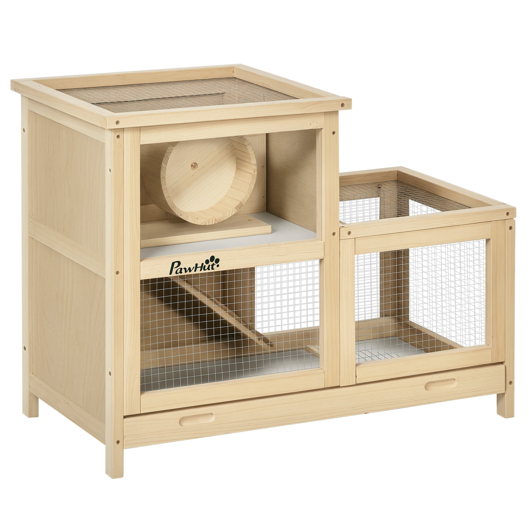 PawHut 2-Story Small Animal Cage - Fir Wood Hamster & Rodent Habitat w/Ramp & Wheel - Natural Wood - 30.75" x 16.25" x 23.5"
