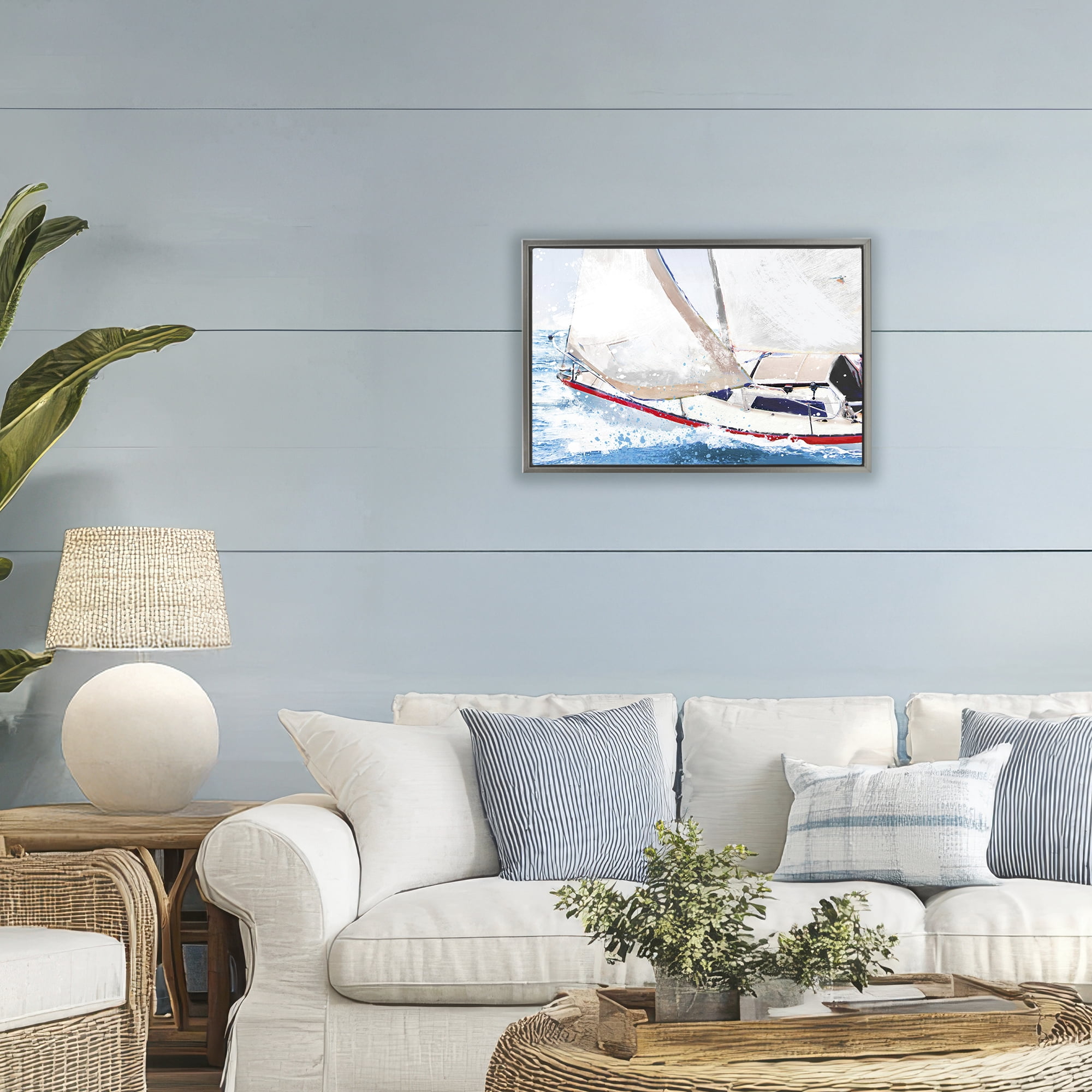 Stupell Industries Sailboat Racing Through Blue Waves Gray Framed Floater Canvas Wall Art, design by Porter Hastings