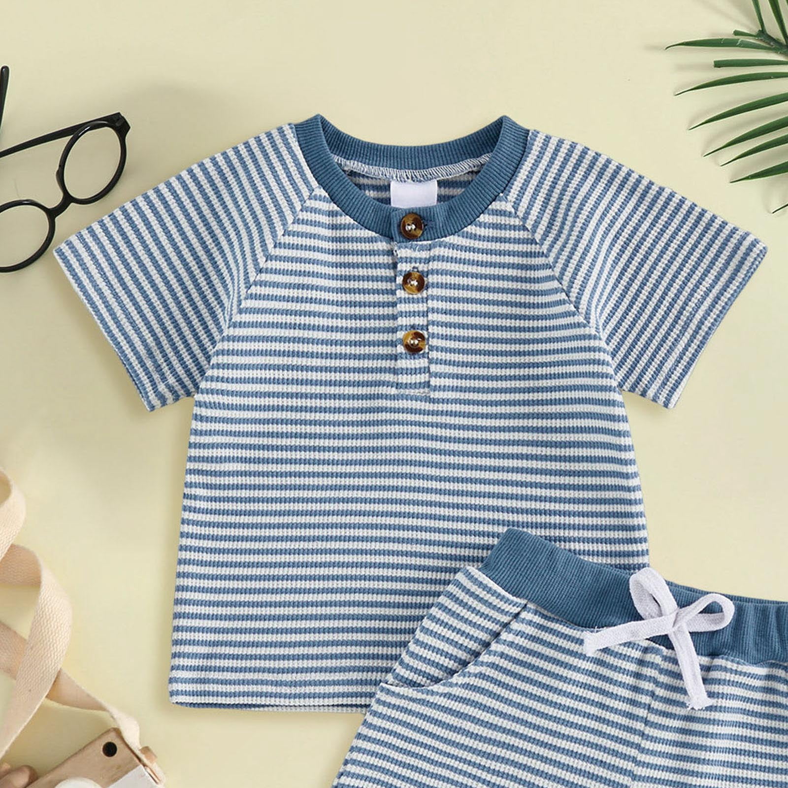 enyan Infant Boys Girls Clothes 0 6 12 18 24 Months 2T 3T 4T 5T Print Short Sleeve Crew Neck T-Shirts and Elastic Waist Shorts 2Pcs Outfits Dailywear（Blue,18-24 Months)