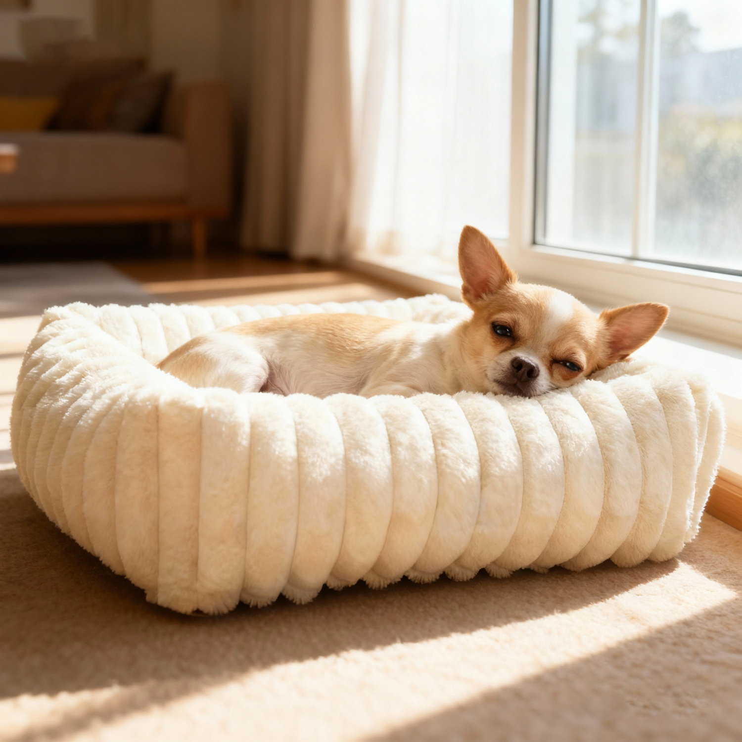 Sanmadrola Cat Bed for Indoor Cats Furry Corduroy Fleece Orthopedic Pet Bed Sofa Removable Washable Cover Non Skid Bottom, White