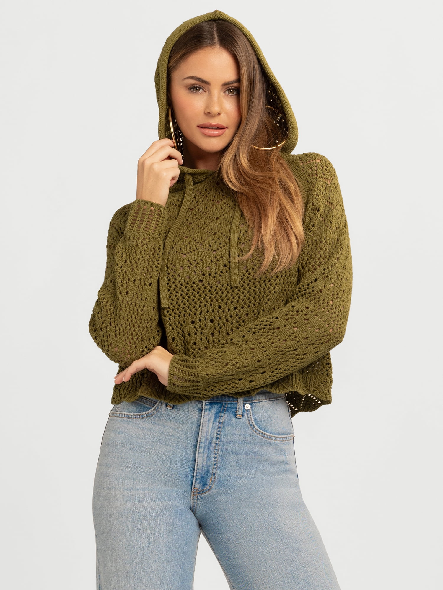 Jessica Simpson Women's Mikaela Pointelle Hoodie Sweater with Long Sleeves, Lightweight, Sizes XS-XL
