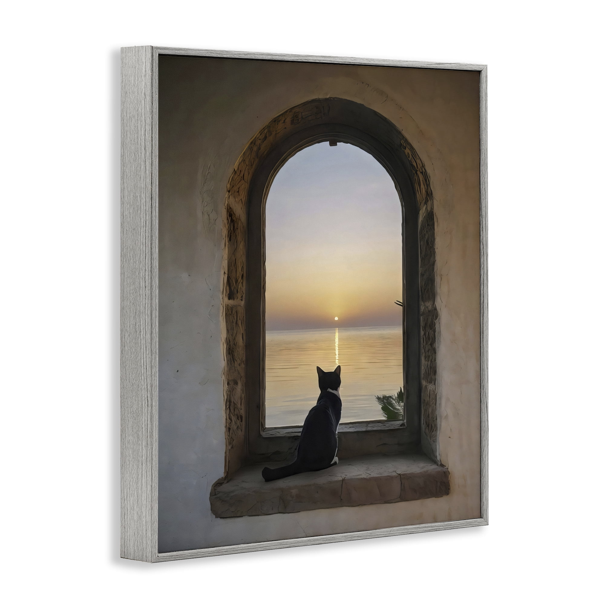 Stupell Industries Cat Overlooking Water at Sunset Gray Framed Giclee Art, design by Creative Studio