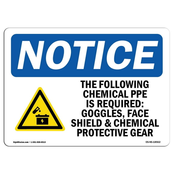 OSHA Notice Signs - The Following Chemical PPE Required Sign With Symbol | Decal | Protect Your Business, Work Site |  Made in the USA