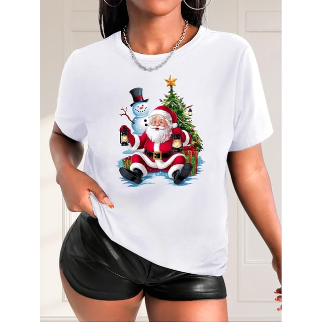 Camiseta navideña con estampado de Papá Noel y muñeco de nieve para mujer, informal, de cuello redondo y manga corta, de punto elástico de algodón, ideal para primavera/verano/otoño, ideal para practi