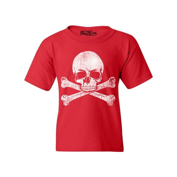 Shop4Ever Kids Distressed White Skull and Crossbones Graphic Child's Youth T-Shirt X-Large Red
