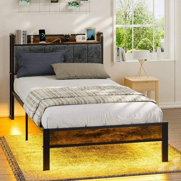 Kbun Queen Size Bed Frame with Storage Headboard and Adjustable LED Light, USB and Type-C Port, Heavy Duty Metal Platform Bed Frame with Under Bed Storage, No Box Spring Needed