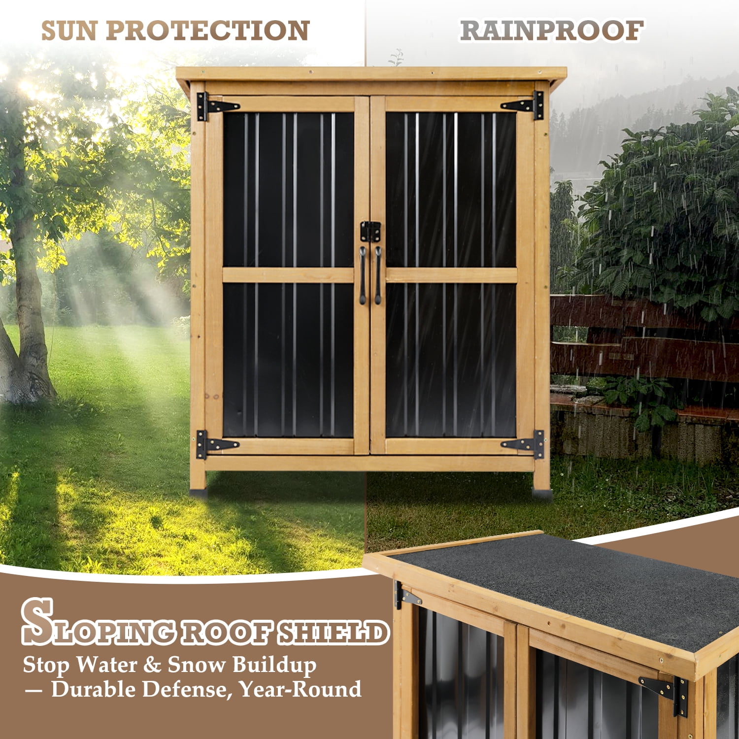 Outdoor Storage Cabinet Wood Storage Shed Waterproof Roof, Double Lockable Doors Garden Shed with Removable Shelves for Patio, Garden