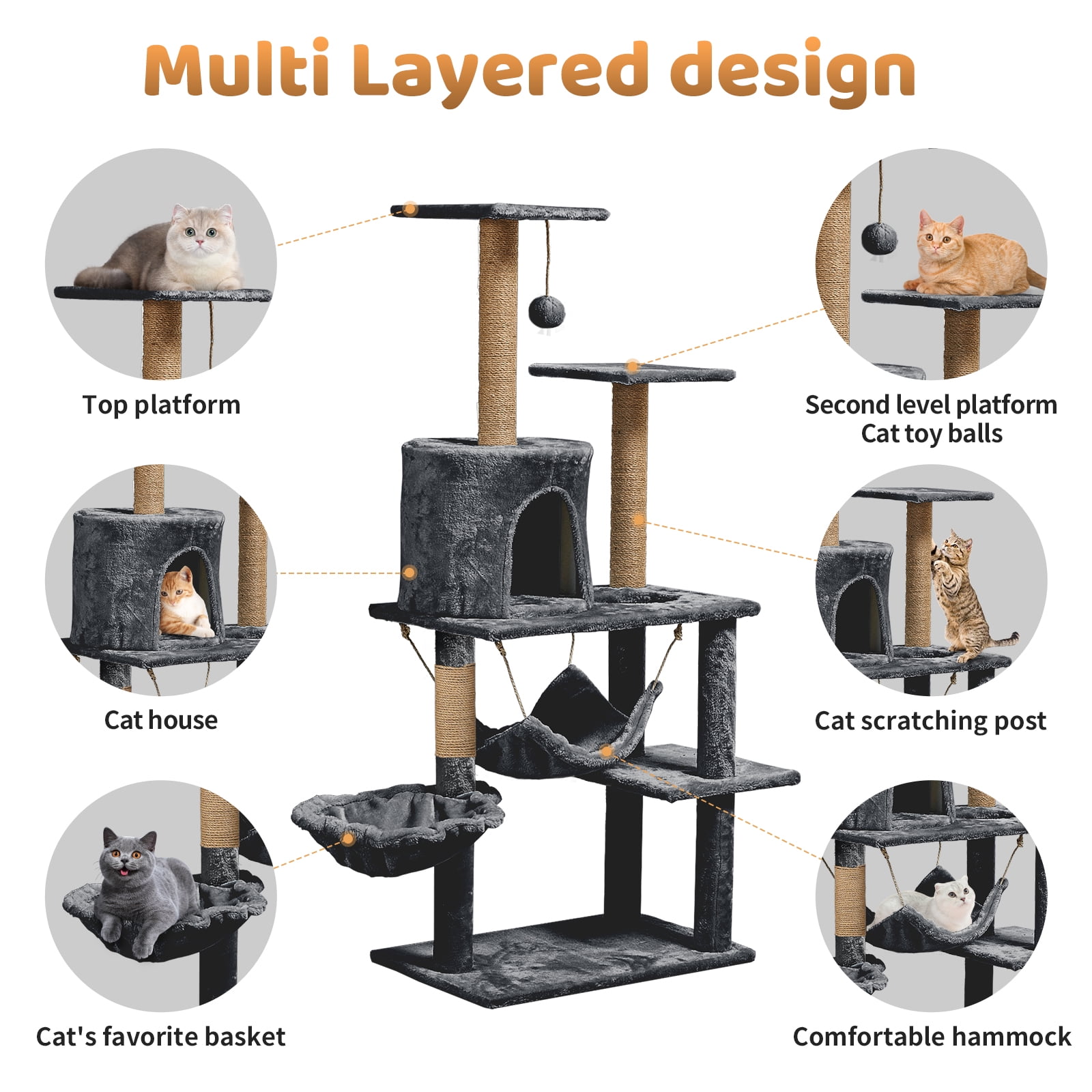 ZephyPaws 54in Large Multi-Level Cat Tree,Tall with Sisal Scratching Posts,Perch,Condo for Large Adult Cats,Gray