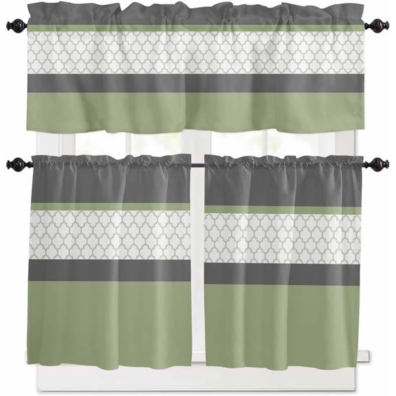 Black Morocco Kitchen Curtains, Grey Striped Middle Century Patterned 3-Piece Kitchen Curtain Valance and Tiers Set 24 Inch Length, Rod Pocket Half Window Curtains for Cafe Living Room Bathroom