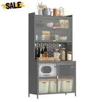 GZXS 73" Tall Metal Pantry Cabinet with Hutch, Adjustable Shelves, Pegboard with Hooks and Wire Holes, Microwave Stand, Coffee Bar Buffet Storage for Kitchen, Dining, or Living Room, Gray