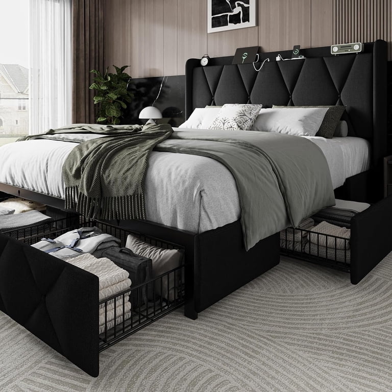iPormis Queen Upholstered Bed Frame with 4 Storage Drawers photo 1