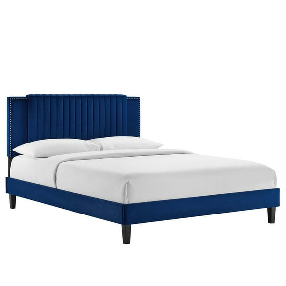 Modway Zahra Channel Tufted Performance Velvet King Platform Bed in Navy
