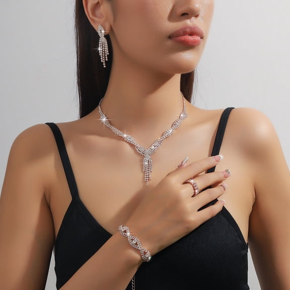 Faty-T Wedding Jewelry Set Silver Rhinestone Necklace Earrings Sets Formal Costume Jewelry for Women and Brides