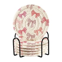6 Pcs Drink Coasters with Holder 3.94in Woven Coasters for Drinks Pink Bows Pattern Coaster Set for Protection Table