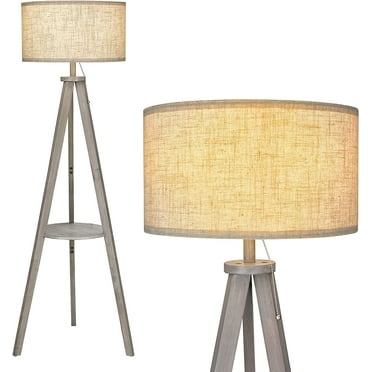 Tripod Floor Lamp for Living Room Solid Wood Floor Lamp with Table - Farmhouse Shelf Tall Reading Standing Light with Drum Shade for Bedroom, Office, Study Room, 9W LED Bulb Included, Grey