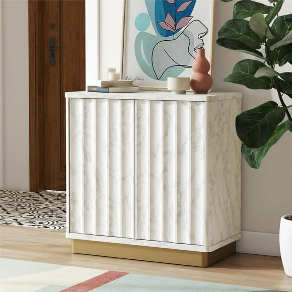 CosmoLiving by Cosmopolitan Rene Scalloped Accent Cabinet, White Faux Marble and Golden Bronze