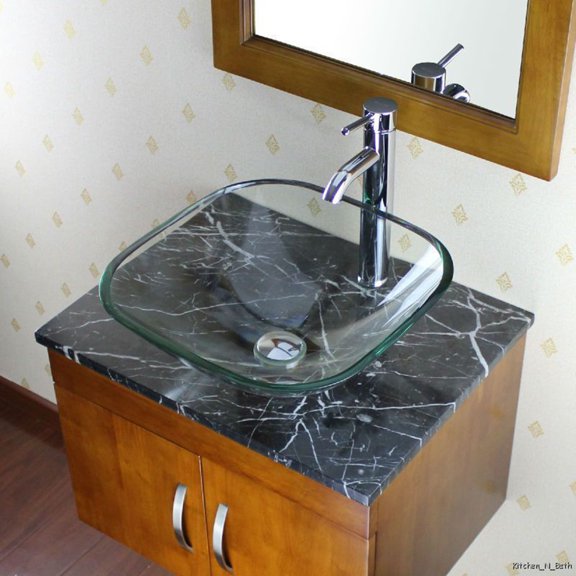 Elite Transparent Square Glass Bathroom Vessel Sink Bowl with Chrome Pop-up Drain and Mounting Ring - GD04 P01008C