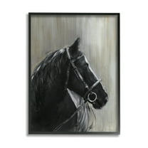 Stupell Industries Black Horse in Bridle Solemn Equestrian Portrait Animals & Insects Painting Black Framed Art Print Wall Art, 11 x 14