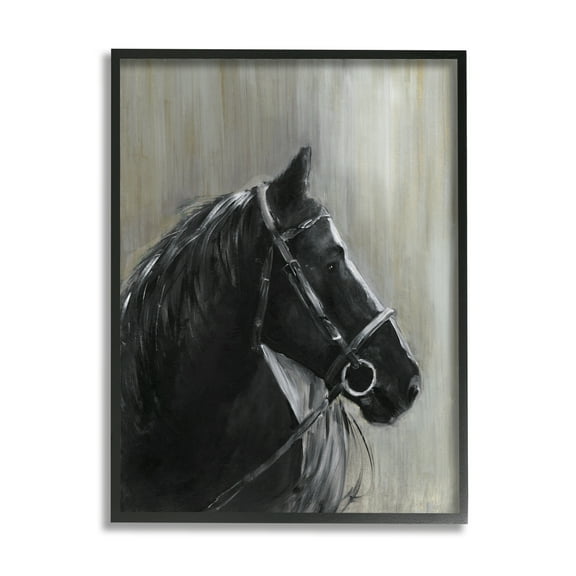 Stupell Industries Black Horse in Bridle Solemn Equestrian Portrait Animals & Insects Painting Black Framed Art Print Wall Art, 11 x 14