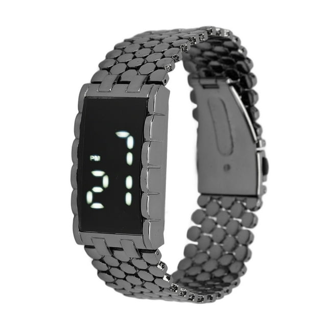 LED Watch Double Open Stainless Steel Buckle Metal Strap Rectangular Dial Digital Wristwatch for Outdoor Activities Black