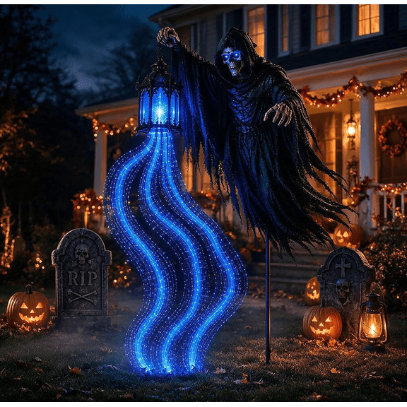 Halloween Soul Harvester Animated Garden Light – Solar Glowing Ghost Spirit Lantern with Ground Stake, Rising Reaper Yard Decor for Outdoor Haunted Halloween Display