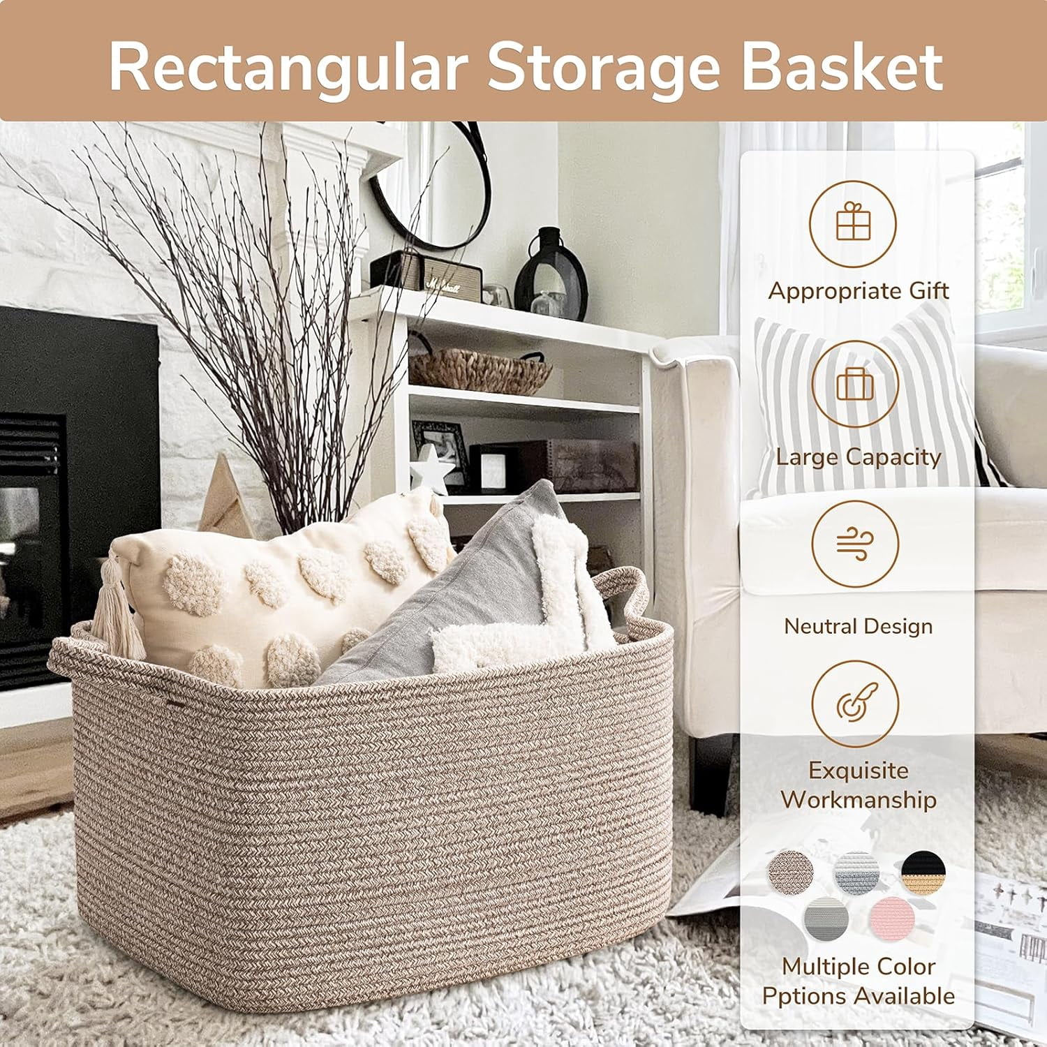 PrimeCook Shop Large Woven Storage Basket, 21.6" x 14.9" x 11.8" Blanket Basket for Living Room, Bedroom, Rectangle Rope Storage Organizer for Clothes, Toys, Brown