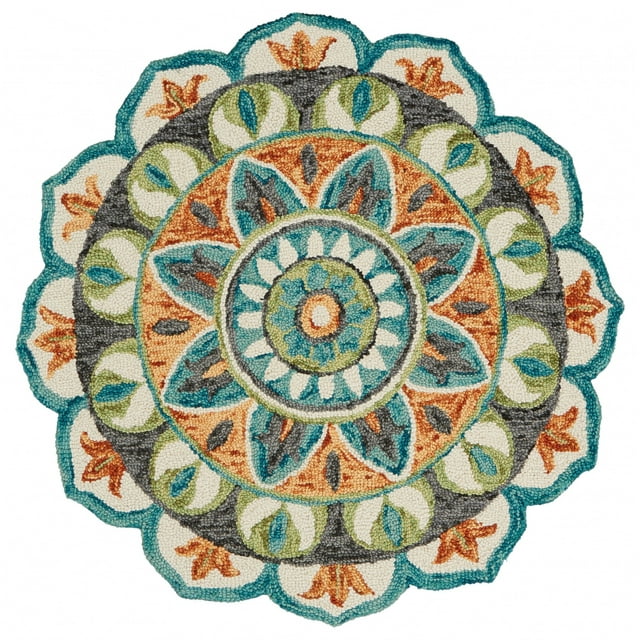 homeroots home decor 393664 6’ Round Blue and Orange Medallion Area Rug