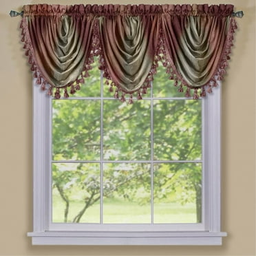 Ombre Burgundy Striped Modern Window Curtain Panel: Tasseled Waterfall Valance