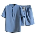 thumbnail image 2 of VBTAPA Men's Linen Shirt and Shorts Set Short Sleeve Collared T-shirt Drawstring Shorts 2 Pieces Beach Outfits Basic Solid Matching Lounge Sets Blue L, 2 of 5