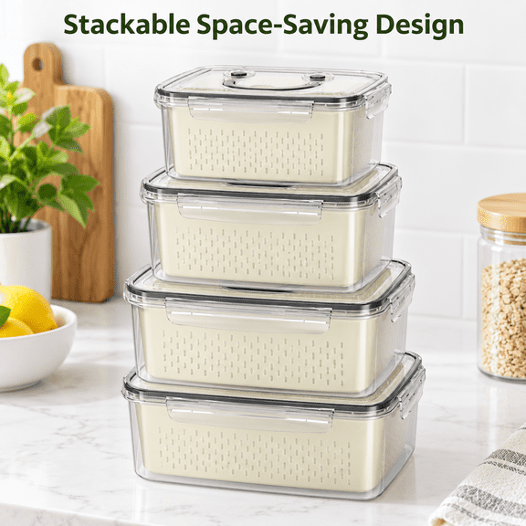 Ibiwe 4-Pack Fruit Storage Containers for Fridge with Removable Colanders and Lids