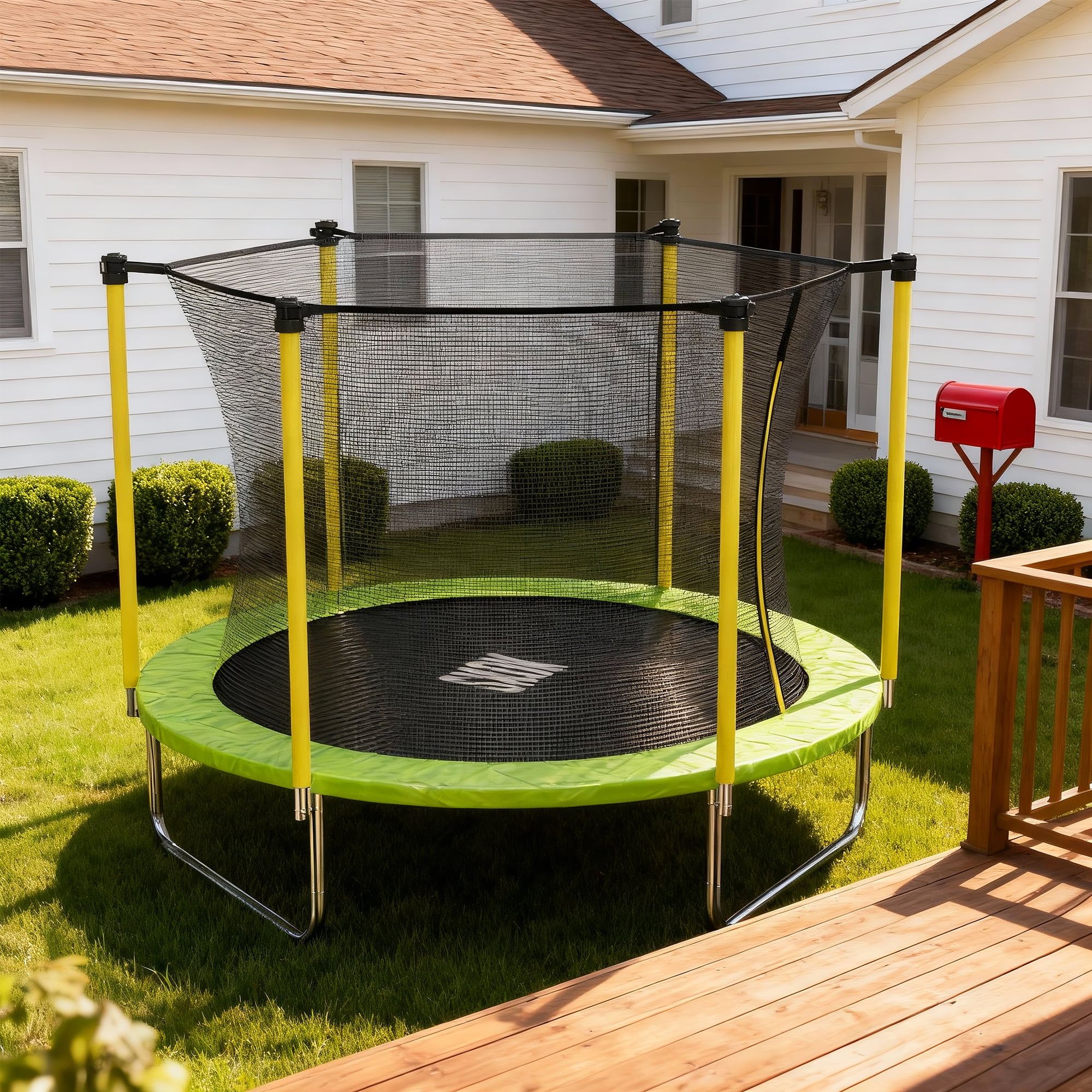 SKOK 8ft Round Trampoline for Kids & Adults, Heavy Duty Outdoor Trampoline with Safety Enclosure Net for Family Fun, Green & Yellow