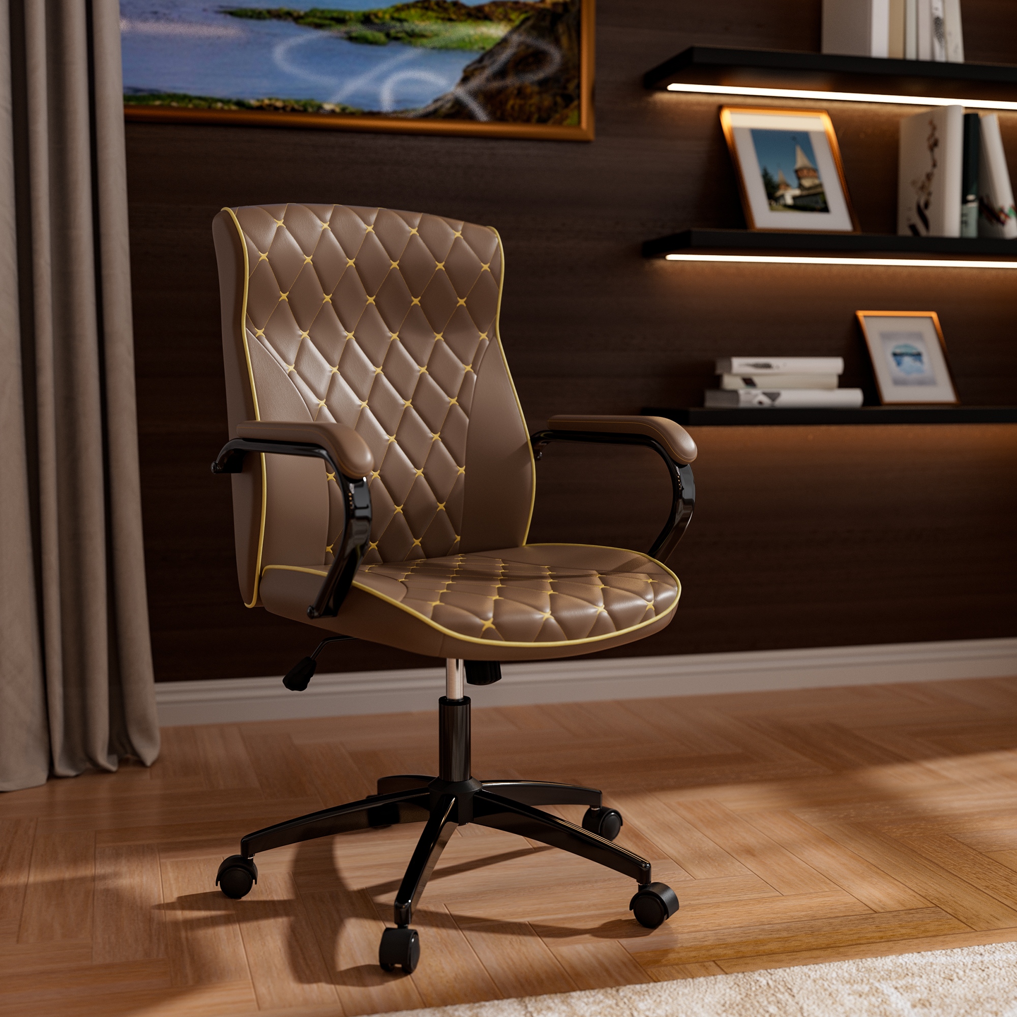 HomeZeer Office Chair with Wheels, Ergonomic High Back Executive Desk Chair with Padded Arms, Modern PU Leather Embroidery Computer Chair with Rocking Function, Brown