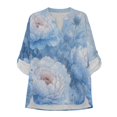 thumbnail image 3 of FKELYI Oriental Lotus Flower Blue Print Womens Faux Linen Shirt for Summer Top Shirts Roll Up Sleeve Design Casual Blouse for Ladies Beach Vacation Outfits, 4XL, 3 of 5