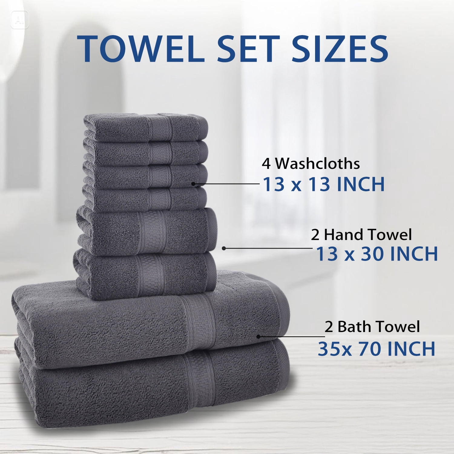 JML Dark Gray Bath Towel Set of 8 Pieces - 100% Cotton Highly Absorbent Towels for Bathroom, 2 Soft Bath Towels, 2 Hand Towels, 4 Washcloths