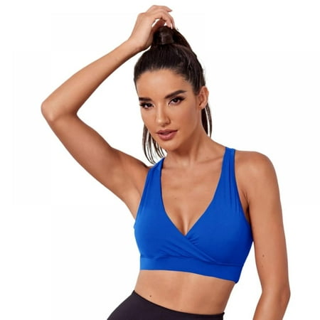 

Xmarks Sports Bra for Women V-Neck Strappy Criss-Cross Back Yoga Bra Padded Fitness Crop Top Blue US M