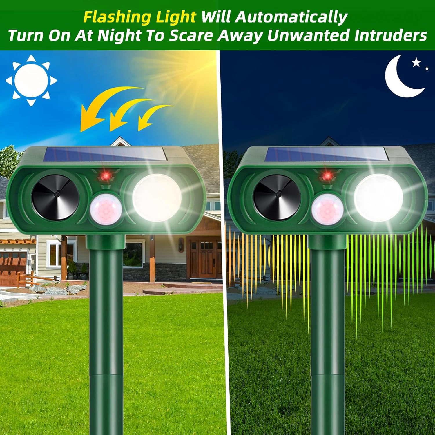 4 Pack Outdoor Solar Ultrasonic Animal Repellent with Motion Sensor Strobe Light for Skunk Raccoon Rabbit Dog Squirrel Fortress Pro for Yard Garden Lawn